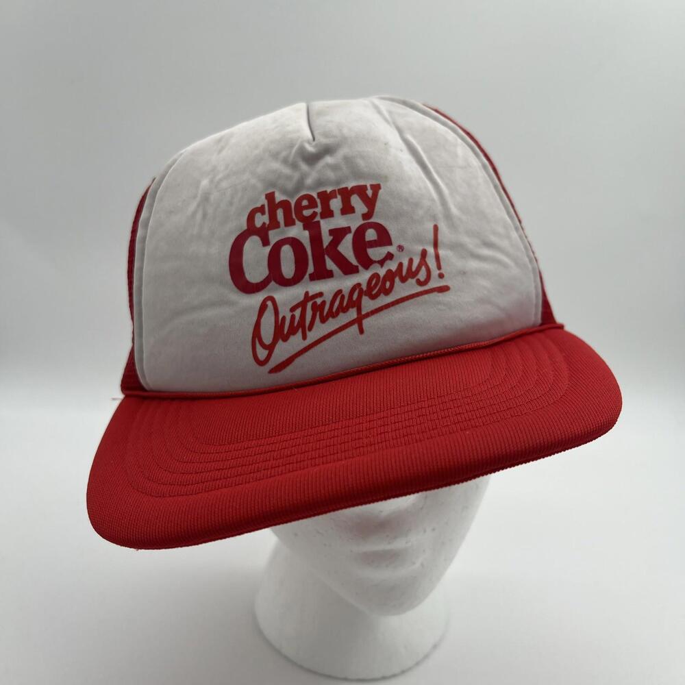 Cherry Coke Outrageous! Mesh Backed Snapback Trucker Cap Hat Red‎ & White